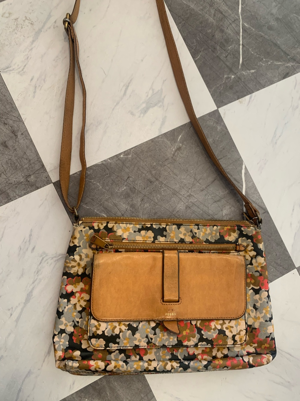 Fossil Floral Canvas Crossbody with Tan Leather Front Pocket